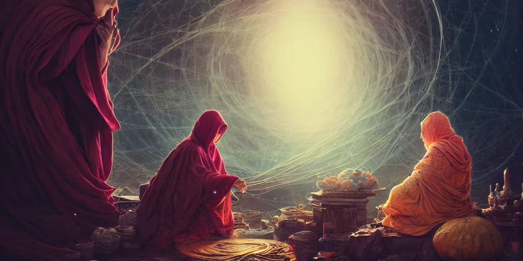 Image similar to old hooded woman weaving the strings of the multiverse, epic scene, dramatic, multiverse, highly detailed, high quality, 8 k, 4 k, octane render, digital painting, alena aenami, lilia alvarado, shinji aramaki, karol bak, alphonse mucha, tom bagshaw