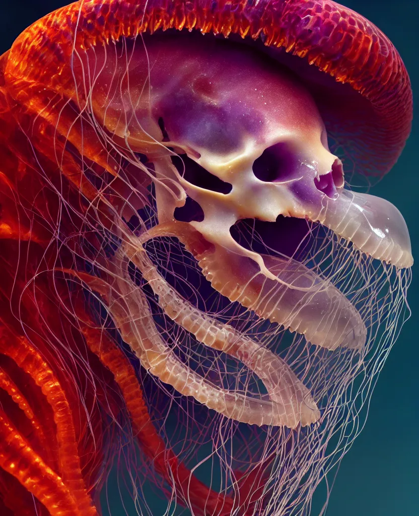 Prompt: goddess close-up portrait animal skull. jellyfish phoenix head, nautilus, orchid, skull, betta fish, bioluminiscent creatures, intricate artwork by Tooth Wu and wlop and beeple. octane render, trending on artstation, greg rutkowski very coherent symmetrical artwork. cinematic, hyper realism, high detail, octane render, 8k