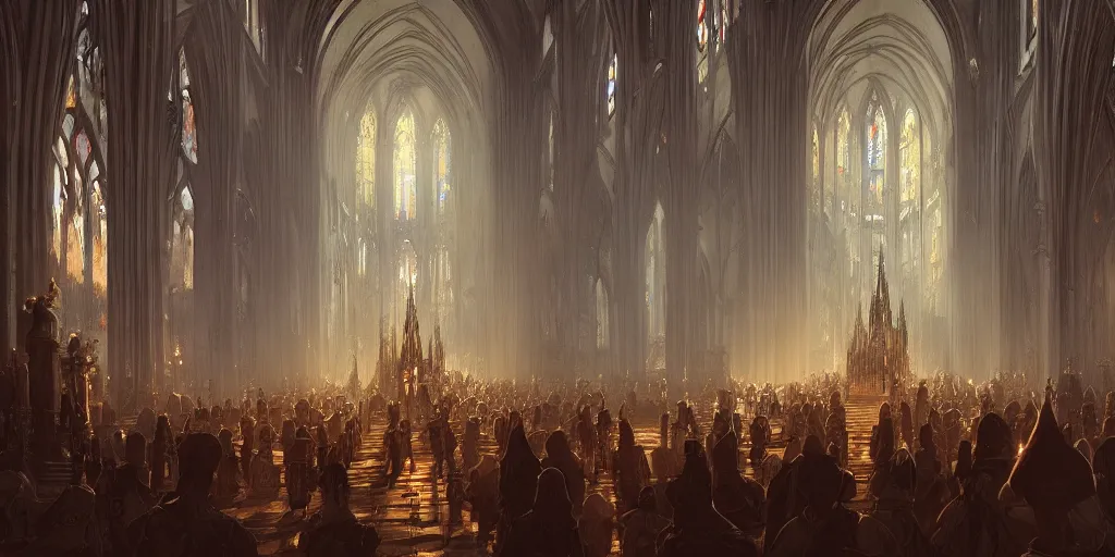 Image similar to dancing in a cathedral, superwide angle, D&D, fantasy, intricate, cinematic lighting, highly detailed, digital painting, artstation, concept art, smooth, sharp focus, illustration, art by Greg Rutkowski