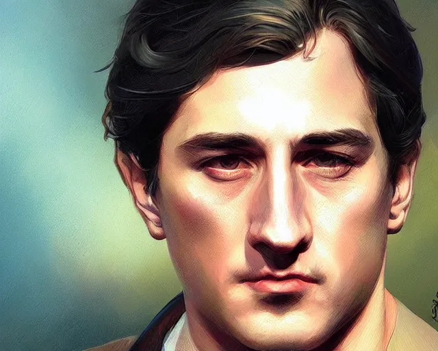 Image similar to portrait of a young robert de niro young in th 8 0's, intricate, highly detailed, digital painting, artstation, concept art, sharp focus, illustration, art by artgerm and greg rutkowski and alphonse mucha