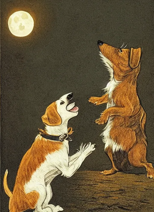 Prompt: candid portrait of a jack russel terrier howling up at the yellow moon, illustrated by peggy fortnum and beatrix potter and sir john tenniel