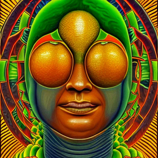 Image similar to Alex Grey painting of Lemonus, the lemon god of citrus, highly detailed, symmetrical, trending on artstation