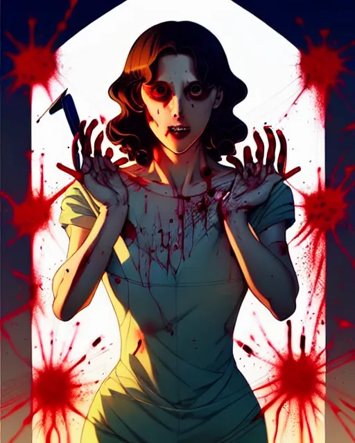 Image similar to artgerm, joshua middleton comic cover art, pretty serial killer maika monroe full body, creepy smiling, covered in blood, symmetrical eyes, symmetrical face, long curly brown hair, standing in front of an abandoned house background