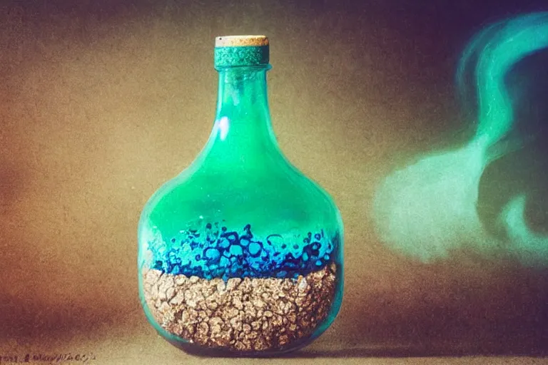 Image similar to small potion with a cork top filled with a green and turquoise gradient liquid, magical potion, glowing liquid, fantasy, on a desk, old film photo