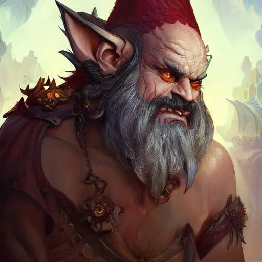 Image similar to demonist gnome with angry face, d & d, deep focus, d & d, fantasy, intricate, elegant, highly detailed, digital painting, artstation, concept art, matte, sharp focus, illustration, hearthstone, art by artgerm and greg rutkowski and alphonse mucha