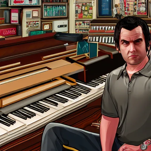 Image similar to GTA V illustration of white teenager with black hair playing an organ in a 1990s instrument shop, cover of GTA V