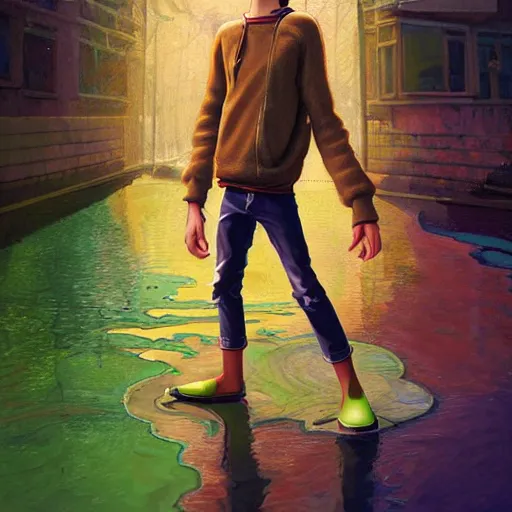 Image similar to a skinny young man with brown hair and glowing green eyes as a super hero, pixar cute, highly detailed, sharp focus, neon color, digital painting, floating particles, excitement, artwork by Jeremiah Ketner + Mati Klarwein + Fintan Magee + Chris Mars, background artwork by greg rutkowski