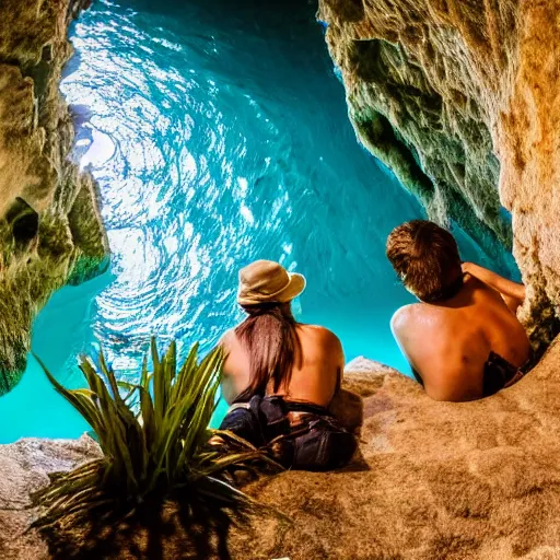 Image similar to photo of spelunkers exploring a beautiful majestic cave full of geodes, crystals, and gemstones. there is a natural pool of turquoise water. professional journalistic photography from national geofraphic.