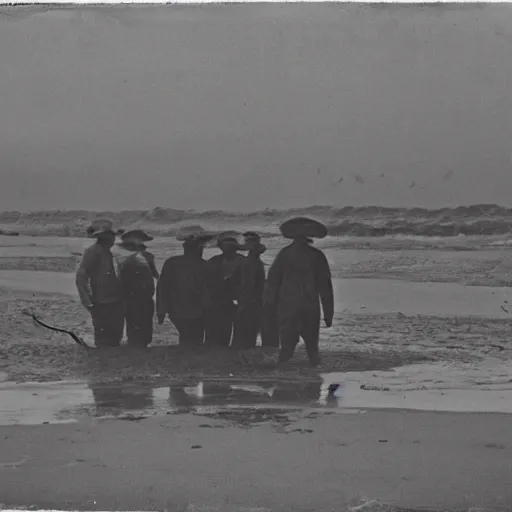 Image similar to a mid 1 9 0 0 s photograph of a group of fishermen on the beach, at dawn,