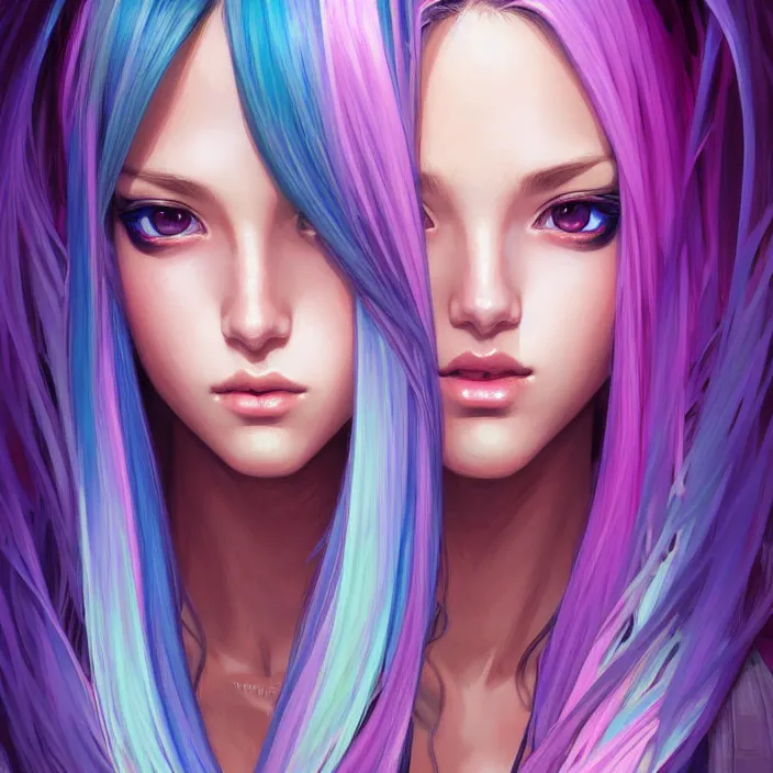 Image similar to half body portrait of beautiful symmetrical anime girl, rainbow hair, attractive, casual, modern, victoria's secret, highly detailed, digital painting, artstation, concept art, smooth, sharp focus, illustration, art by moebius, artgerm, greg rutkowski and alphonse mucha, 8 k,