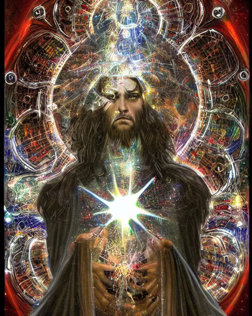 Prompt: divine jesus, technology and magick, circuitry and sigils combined, photorealistic, royo, frazetta, leds, dust, laser light, crystalline shimmers, chaos, complexity, emergence,