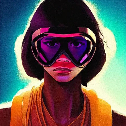 Prompt: zendaya wearing opaque reflective goggles profile picture by Greg Rutkowski, brown skin, very long hair, dune, asymmetrical, futuristic, neon volumetric lights, cool colors, streetwear, studio ghibli, Organic Painting , Matte Painting, geometric shapes, hard edges, street art, trending on the artstation, fantasy LUT, realistic by Sachin Teng + Martin Grip + Moebius + Patrick Gleason, smooth, sharp focus, illustration, art by John Collier and Albert Aublet and Krenz Cushart and Artem Demura and Alphonse Mucha, techwear, Industrial Scifi, detailed illustration, character portrait,