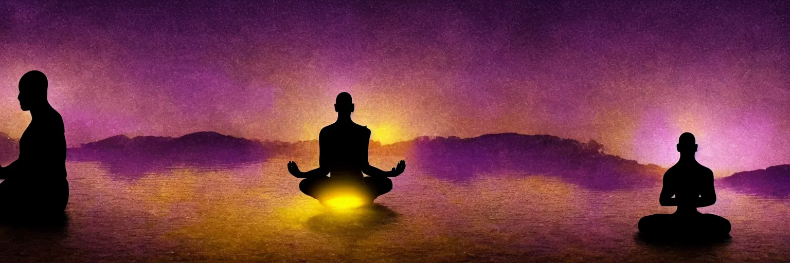 Prompt: a dark silhouette of a meditating monk on the river bank, pulsating waves of violet - gold energy emanate from the monk, hyper derailed 8 k,