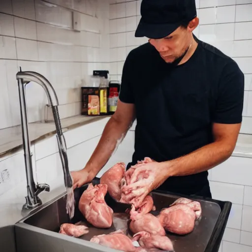 Image similar to man washing raw chicken in the sink