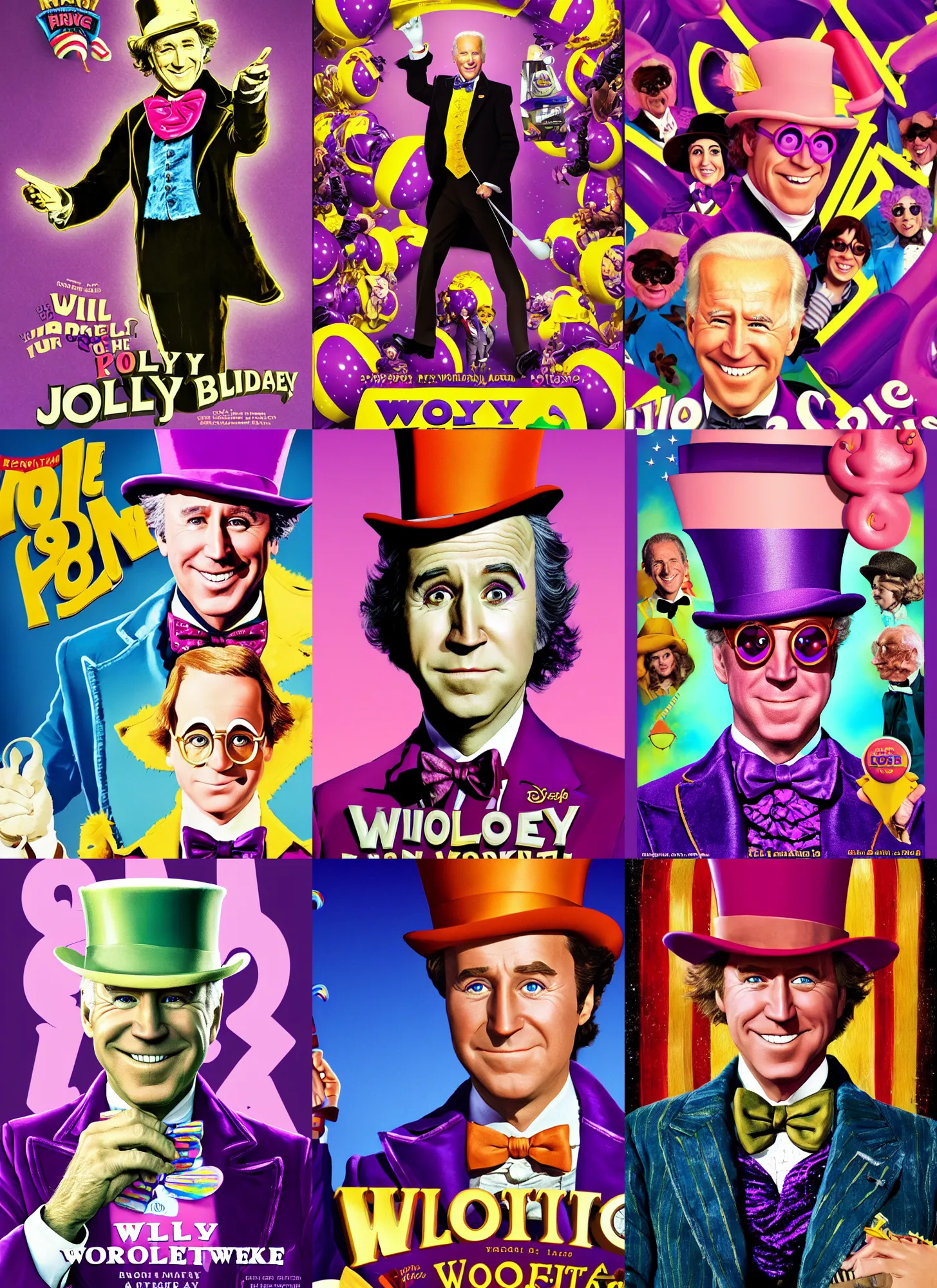 Prompt: promotional poster of willy wonka played by joe biden, digital art, trending on artstation, 4 k