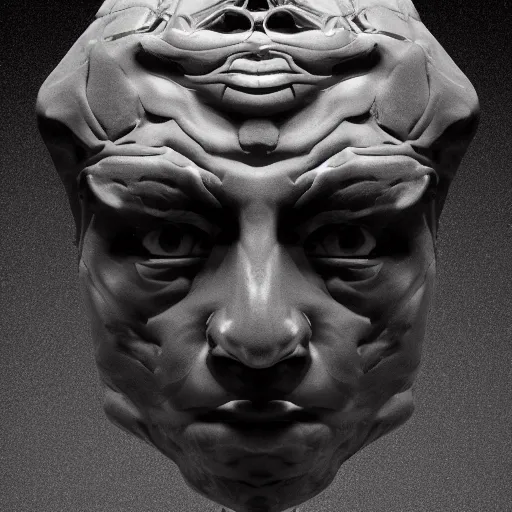 Image similar to a face carved of black marble. black background. expressive eyes. symmetry. epic. ominous shapes. lighting from the bottom. trending on artstation