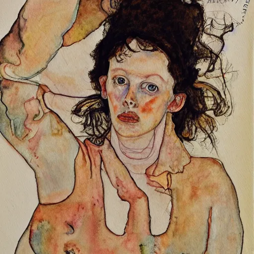 Image similar to wide angle full body portrait of ripley slipping out of her jumpsuit, watercolor, masterpiece, by Egon Schiele