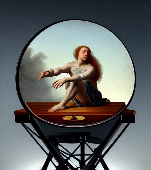 Image similar to portrait of a trampoline sitting upon a table with heightened detail, poised, intense emotion, detailed facial expression, detailed surroundings, intricate, elegant, highly detailed, centered, digital painting, artstation, concept art, smooth, sharp focus, illustration, by ( leonardo da vinci ), wlop