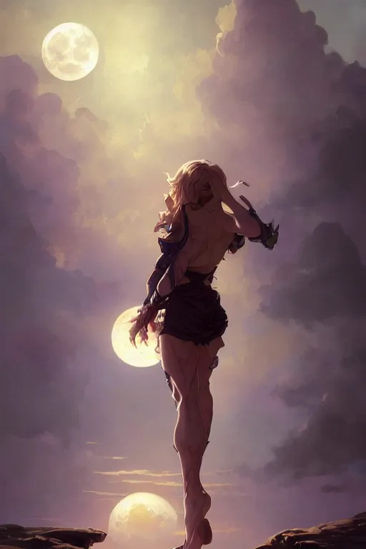 Prompt: jojo pose, fantasy, beautiful leg, long hair, girl, portrait, back view, cloud sky and moon night background, high detail, concept art, digital art, illustration, smooth, sharp focus, greg rutkowski, alphonse mucha, loish, wlop, trending on artstation, trending on deviantart