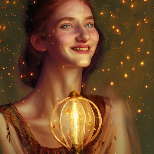 Image similar to a totally amazed smiling anastasia ivanova surrounded by golden firefly lights in a mesmerizing scene, fully covering intricate detailed bohemian outfit, red hair, precise linework, accurate green eyes, small nose with freckles, beautiful smooth oval head, expressive emotions, hyper realistic ultrafine portrait by artemisia gentileschi, jessica rossier, greg rutkowski, artgerm