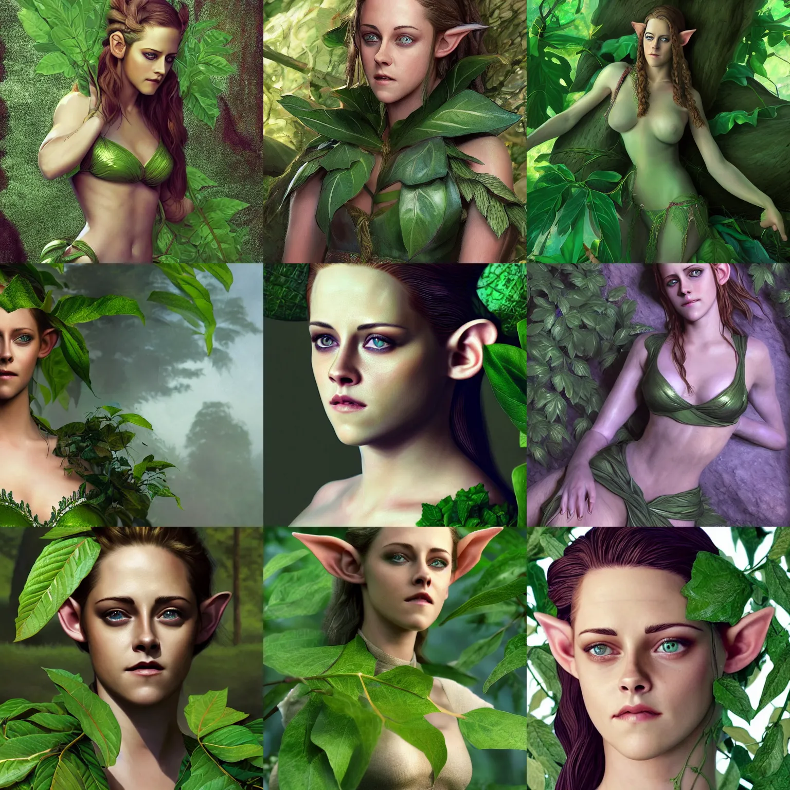 Prompt: a high-resolution photo of a beautiful elf girl (played by Kristen Stewart) elegantly wrapped with green lush leaves, by Andrea Chiampo, artstation and Frederik Heyman, extremely detailed woman, stunning lighting, fantasy, 4k, scanned, by Larry Elmore, Copyright TSR 1989, storybook
