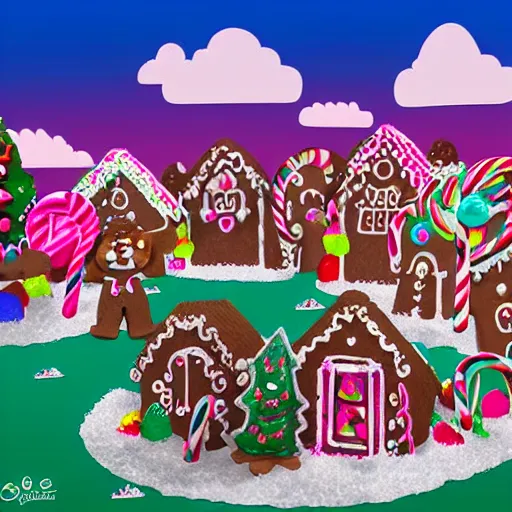 Image similar to Village made of candy with gingerbread people and with pink cotton candy clouds in the sky realistic