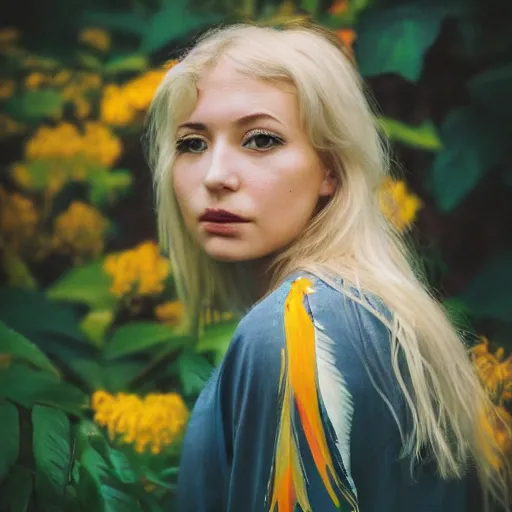 Image similar to portrait photograph of an extremely beautiful!!!! young blonde female with symmetric face. with a very detailed barn owl!!!!! on her shoulder. wearing a yellow kimono!!.. in a tropical greenhouse. petzval lens. shallow depth of field. polaroid featured on flickr, art photography,