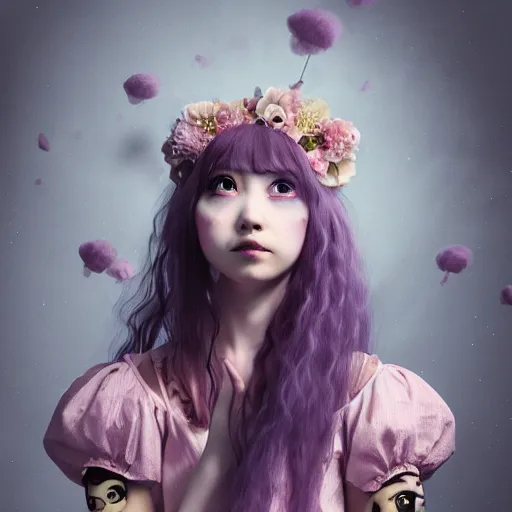 Prompt: 8 k, octane render, realism, tonalism, renaissance, rococo, baroque, cotton candy, portrait of a creepy young lady wearing long - harajuku manga flowers and skulls dress