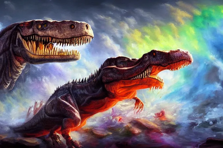 Image similar to highly detailed oil painting of a tyrannosaurus rex in a steaming colorful hotspring, featured on artstation