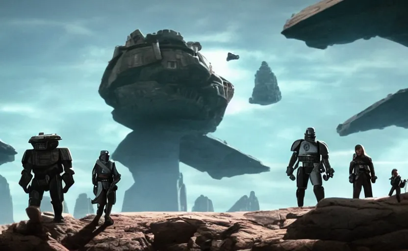 Prompt: still image screenshot floating boulder planet, castles floating in mid air, jedi temples from the tv show mandalorian on disney +, knights of ren scene with a dozen jedi soldiers igniting lightsabers looking up at - at imperial walkers, anamorphic lens, 3 5 mm film kodak