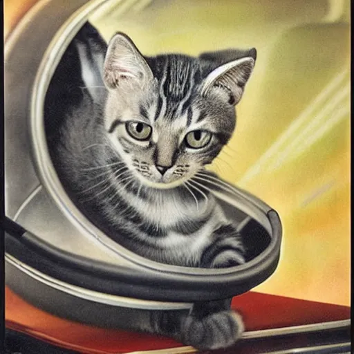 Prompt: photorealistic photograph from the 1940s of a kitty in a spaceship, realism, 1940s