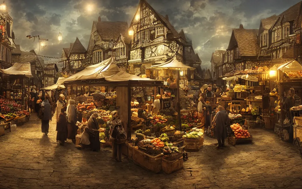 Prompt: at the market of a medeveil english town highly detailed, cinematic lighting, render, fantasy