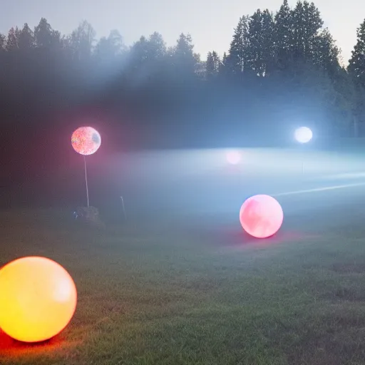 Image similar to forrest illuminated by glowing spheres, mist on ground, dramatic, night, 5 5 mm