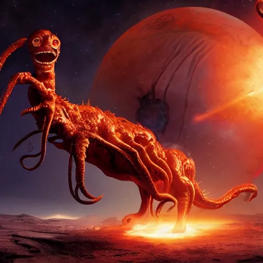 Image similar to eldritch horror bloody garfield in space, hd, 8 k, giant, epic, realistic photo, unreal engine, stars, prophecy, powerful, cinematic lighting, destroyed planet, debris, violent, sinister, ray tracing, dynamic, epic composition, dark, horrific, teeth, grotesque, monochrome drawing, hellscape