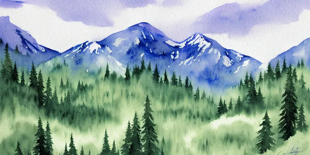 Image similar to watercolor montana mountains painting, white swirls, forest