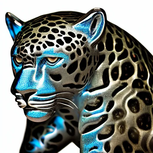 Image similar to silver jaguar sculpture with glowing blue eyes