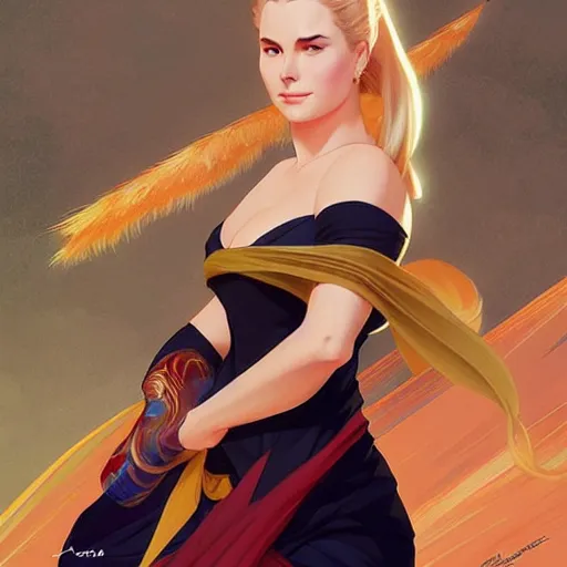 Image similar to Grace Kelly as Tsunade from Naruto, western, D&D, fantasy, intricate, elegant, highly detailed, digital painting, artstation, concept art, matte, sharp focus, illustration, art by Artgerm and Greg Rutkowski and Alphonse Mucha