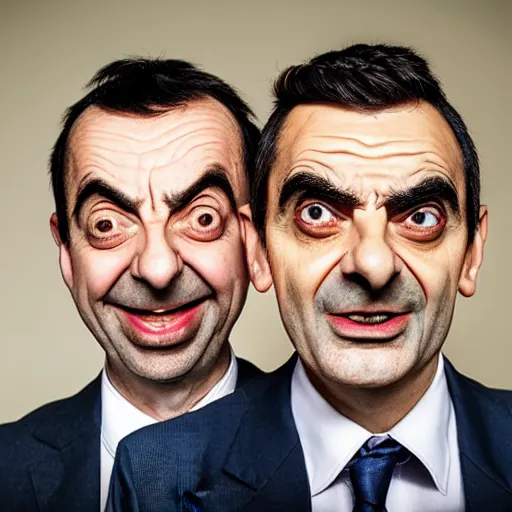 Image similar to A portrait mr bean teams up with a teenage mr bean, perfect faces, 50 mm, award winning photography