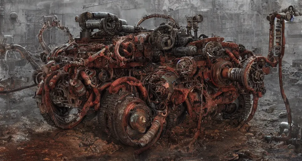 Image similar to Techno-biological rusty tank consisting of tumors, meat, veins, bones, guts, kidneys, wires. Double cannon. Biopunk, body-horror, high detail, photorealism, full length view, very rust, concept art, octane render, 16k, 8k
