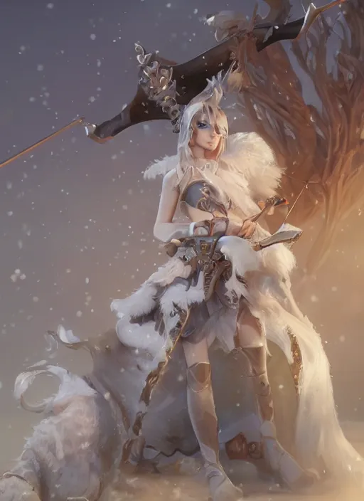 Image similar to ashe, from league of legends, shooting arrows with a silver bow, wearing fluffy bear skin, long skirt, hyper detailed, digital art, trending in artstation, cinematic lighting, studio quality, smooth render, unreal engine 5 rendered, octane rendered, art style by klimt and nixeu and ian sprigger and wlop and krenz cushart