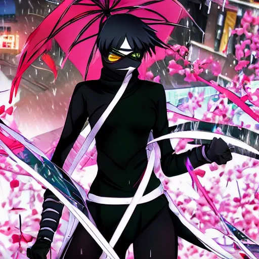 Image similar to beautiful young female anime! ninja with extremely detailed eyes action pose, neon city, raining, dramatic, 8 k