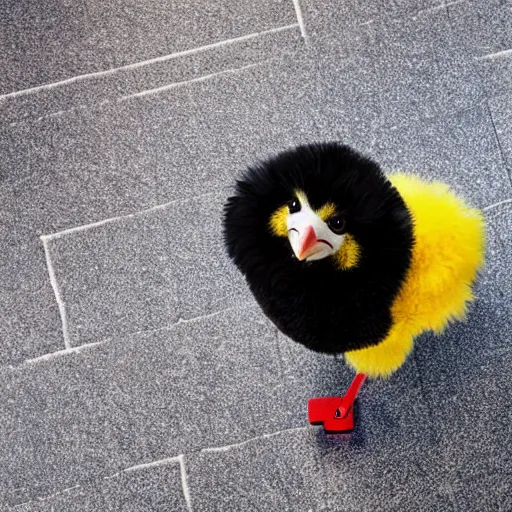 Image similar to fluffy chick looking at the camera, on a skateboard with the nose up, on floor with tiles, photorealistic