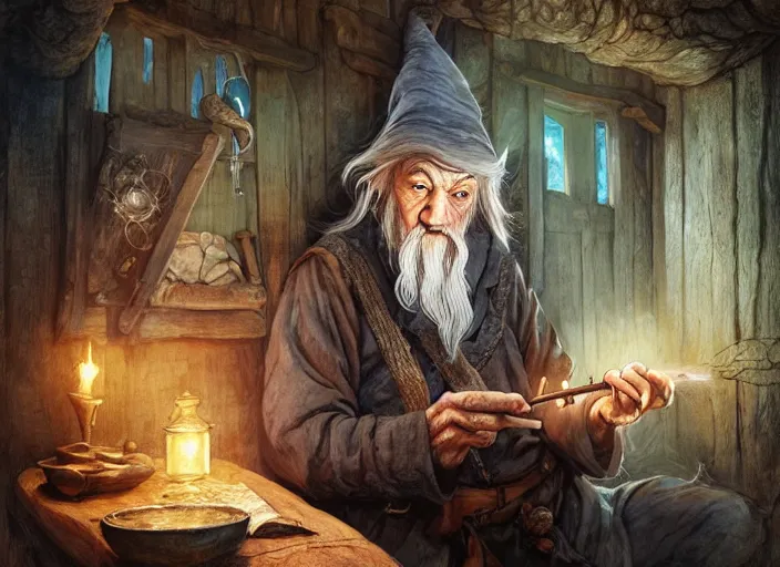 Prompt: portrait of gandalf smoking a wooden pipe in bilbo hobbit house - art, by wlop, james jean, victo ngai! muted colors, very detailed, art fantasy by craig mullins, thomas kinkade cfg _ scale 8