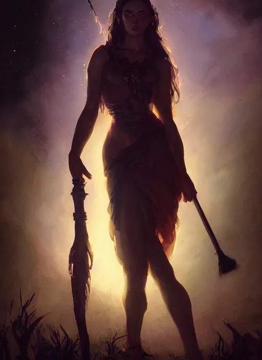 Prompt: hyper realistic photo of beautiful conjurer girl holding a magic staff under the moonlight, full body, rule of thirds, conceptart, saturated colors, cinematic, greg rutkowski, brom, james gurney, mignola, craig mullins, artstation, cgsociety