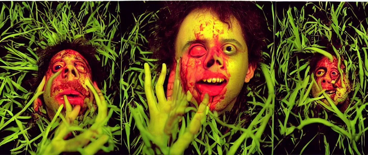 Image similar to award winning photo of a todd solondz charles thompson iv eating magic mushrooms and becoming nature, sad and happy, crying and smiling franticly, vivid colors, happy, symmetrical face, beautiful eyes, studio lighting, wide shot art by sally mann & arnold newman