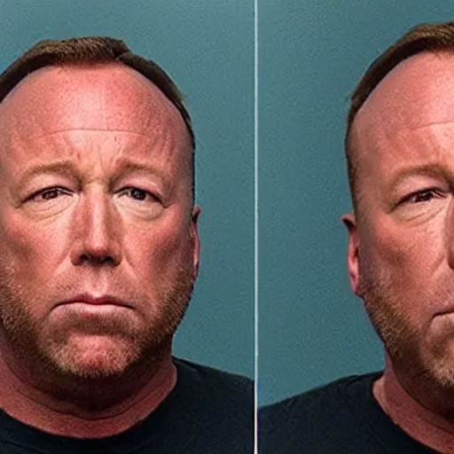 Image similar to alex jones mugshot. photorealistic.