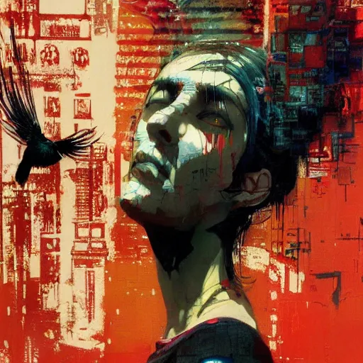 Image similar to portrait of a nostalgic latina in red monk habit being progressively rasterized into pixels from another world, she is surrounded by digital birds, oil on canvas by yoji shinkawa, esao andrews, dave mckean and stina persson