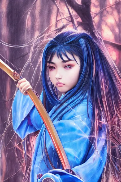 Prompt: highly detailed beautiful photo of madison beer as a young female samurai, swinging her sword, symmetrical face, beautiful eyes, cobalt blue hair, realistic anime art style, 8 k, award winning photo, pastels colours, action photography, 1 / 1 2 5 shutter speed, sunrise lighting