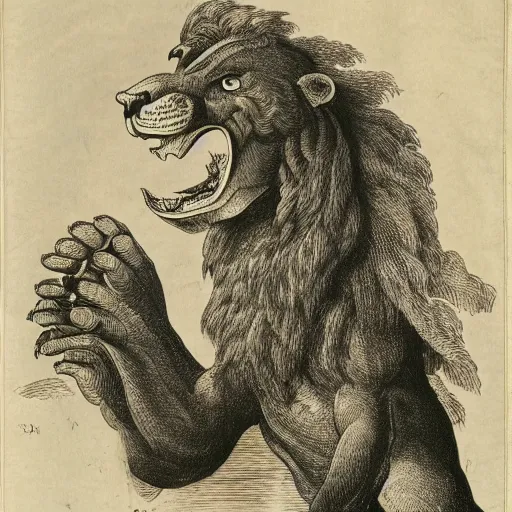 Image similar to A creature with the head of a lion and body of a fish