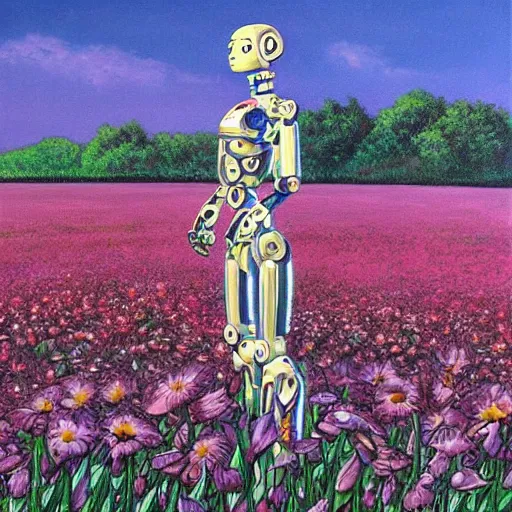 Prompt: a beautiful painting of a busted and broken humanoid robot android in a field of flowers by moebius